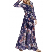 Floral Printed Chiffon Dress Long Sleeve Women Beach Dress