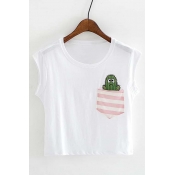 Chic Sleeveless Round Neck Cactus Embroidery Crop Tank Top