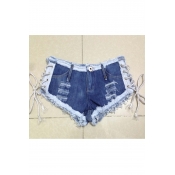 Sexy Mini Short Jeans Low Waist Fringed String Side Open Blue