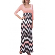 Women's Fashion 3/4 Sleeve Casual Contrast Color Striped Maxi Dress