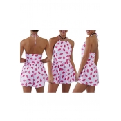 Sexy Halter Lips Print Backless Casual Rompers