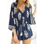 Sexy V-Neck Long Bell Sleeve Loose Ethnic Style Pattern Rompers