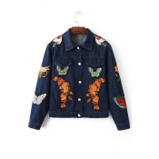 Women's Fashion Animal Floral Embroidered Long Sleeve Lapel Denim Jacket
