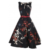 Vintage Floral Sleeveless Swing Dress Midi A-line Dress