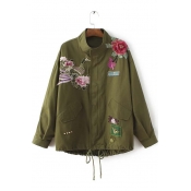 Fall New Fashion Animal Floral Embroidered Drawstring Coat