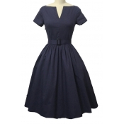 Elegant Vintage V-neck Short Sleeve Swing Dress