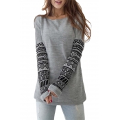 Women Round Neck Long Sleeve Geometric Print Pullover Sweatshirt T-Shirt Top