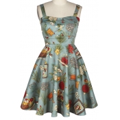 Women's Vintage Floral Print Straps Zip Detail A-line Dress
