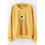 Women Fall Casual Sunflower Embroidered O-neck Pullover Sweatshirt