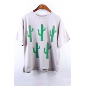 Fashionable Cute Cactus Print Dip Hem Round Neck Short Sleeve T-shirt