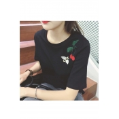 Fashion Bee Cherry Embroidered Short Sleeve Round Neck T-shirt