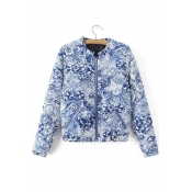 Fall New Fashion Floral Print Zipper Front Long Sleeve Coat