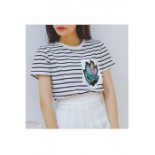 Fashionable Embroidered Cactus Striped Round Neck Short Sleeve T-shirt