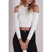 Women's Fashion Cold Shoulder Long Sleeve Cropped Knit Top