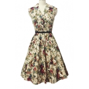 New Hot Vintage V-neck Sleeveless Floral A-line Dress with Belt