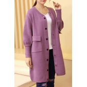 New Arrival Puff Sleeve Button Front Midi Cardigan Sweater with Pocket