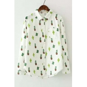 New Arrival Cute Cactus Print Long Sleeve Lapel Shirt