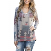 Women Geometrical Printed Kangaroo Pocket Pullover Hoodie Sweatshirt