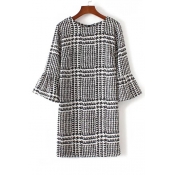 New Arrival Plaid Round Neck Bell 3/4 Sleeve Short Dress