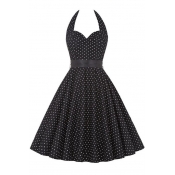 Women's Vintage 1950s Polka Dot Sleeveless Halter Swing Dress