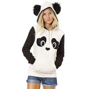 Women's Cute Panda Print White and Black Fleece Hoodie Tops