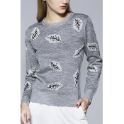 Autumn Leaves Pattern Long Sleeve Pullover Knitted Sweater