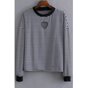 Fashion Heart Cut Out Striped Round Neck Long Sleeve Knit Top
