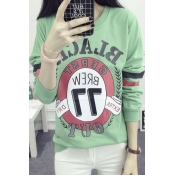 Fashionable Letter Print Round Neck Long Sleeve Thin Sweatshirt in Green