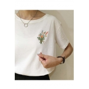 Fashion Embroidered Floral Round Neck Short Sleeve T-shirt