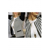 Women's Fashion Houndstooth Print Color Block Long Sleeve Coat