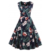 New Women's Vintage Floral Print Sleeveless Swing A-line Midi Dress