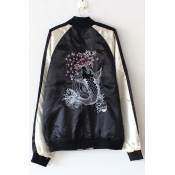 Unisex Fashion Embroidered Fish Color Block Zip Front Baseball Jacket