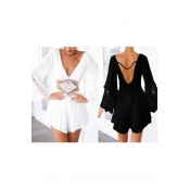 Women's Fashion Sexy Deep V-neck Hollow Out Detail Long Sleeve Romper Black/White