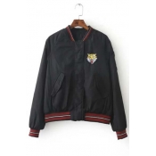 New Arrival Contrast Trim Tiger Embroidered Stand Collar Baseball Jacket