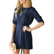 Fashion Elegant Long Sleeve Shift Short Dress with Belt