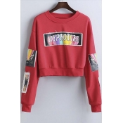 Letter Panel Pattern Long Sleeve Round Neck Cropped Pullover Sweatshirt