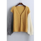 Loose Color Block Long Sleeve Open-Front Knitted Coat