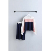 Fashion Color Block Elastic Cuffs Sweater Elastic Waist Plain Shift Skirt