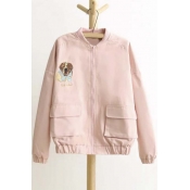 Cute Dog Embroidered Long Sleeve Jacket with Big Pockets