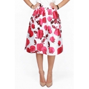New Arrival Red Rose Print High Waist A-line Midi Skirt