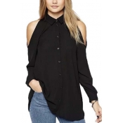 Lapel Cold The Shoulder Long Sleeve Single Breasted Blouse