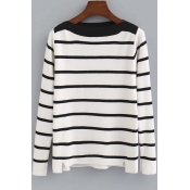 Slim Contrast Neck Striped Color Block Split Trim Long Sleeve Sweater
