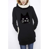 Women's Fashion Cute Cat Pattern Hooded Long Sweatshirt with Pocket