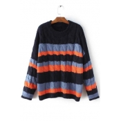 Round Neck Long Sleeve Contrast Stripped Cable Knit Sweater