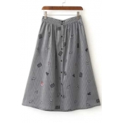 Lovely Single Breasted Stripped Cartoon Print A-Line Skirt