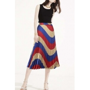 Color Block Wave Print Elastic Waist Midi Pleated Skirt