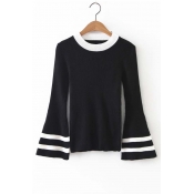 Fashion Contrast Neck Striped Cuffs Bell Long Sleeve Plain Sweater