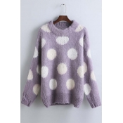 Loose Color Block Polka Dots Batwing Long Sleeve Round Neck Sweater