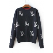 Cute Round Neck Long Sleeve Dog Print Dropped Sleeve Sweater