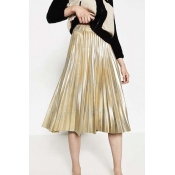 Blinking Metallic Plain Print Elastic Waist Midi Pleated Skirt